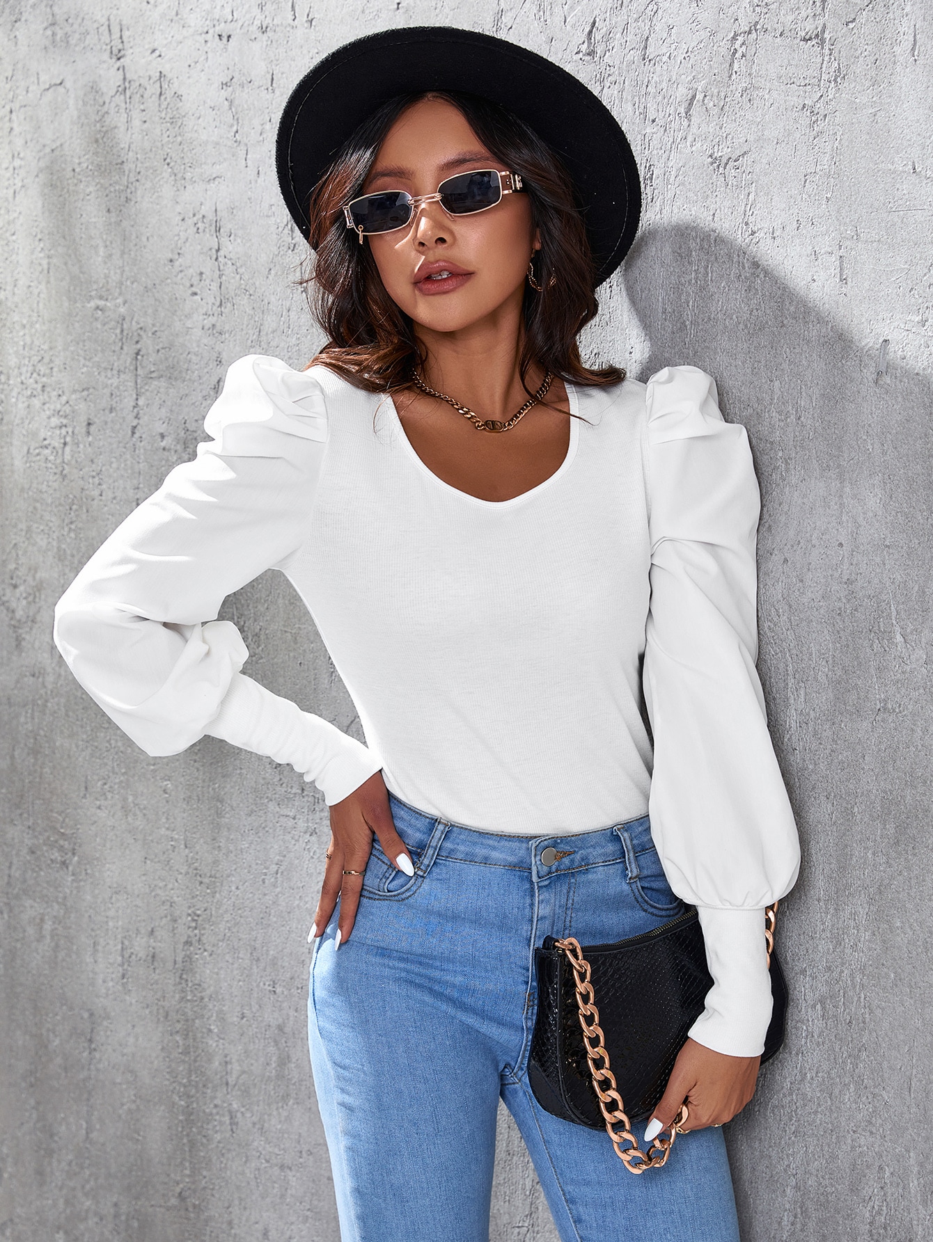 Puff Sleeve Scoop Neck Tee SHEIN USA