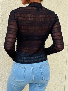 Mulvari 紋理質感小高領網紗不附帶吊帶內搭上衣 - 黑色 - 查看 2