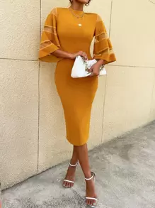 Modelyn 拼接網紗緊身連衣裙 - 黃色 - 查看 1