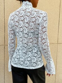 Modelyn 高领荷叶边袖蕾丝上衣（无吊带背心）适合节日聚会服装 - 白色 - 查看 2