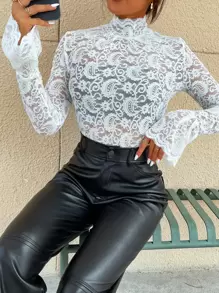 Modelyn 高领荷叶边袖蕾丝上衣（无吊带背心）适合节日聚会服装 - 白色 - 查看 4