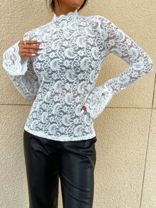 Modelyn 高领荷叶边袖蕾丝上衣（无吊带背心）适合节日聚会服装 - 白色 - 查看 6