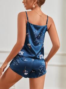 Floral Print Satin PJ Set - Navy Blue - View 2