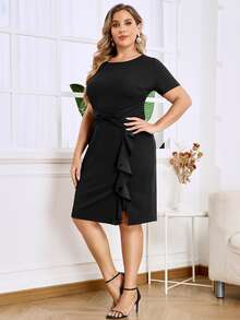 MIUSOL Plus Solid Knot Front Ruched Ruffle Trim Work Dress - Black - View 6