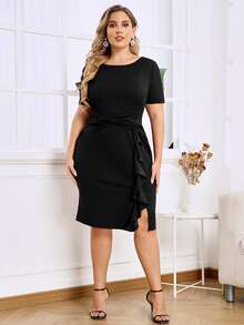 MIUSOL Plus Solid Knot Front Ruched Ruffle Trim Work Dress - Black - View 3