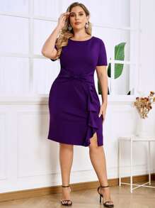 MIUSOL Plus Solid Knot Front Ruched Ruffle Trim Work Dress - Violet Purple - View 1