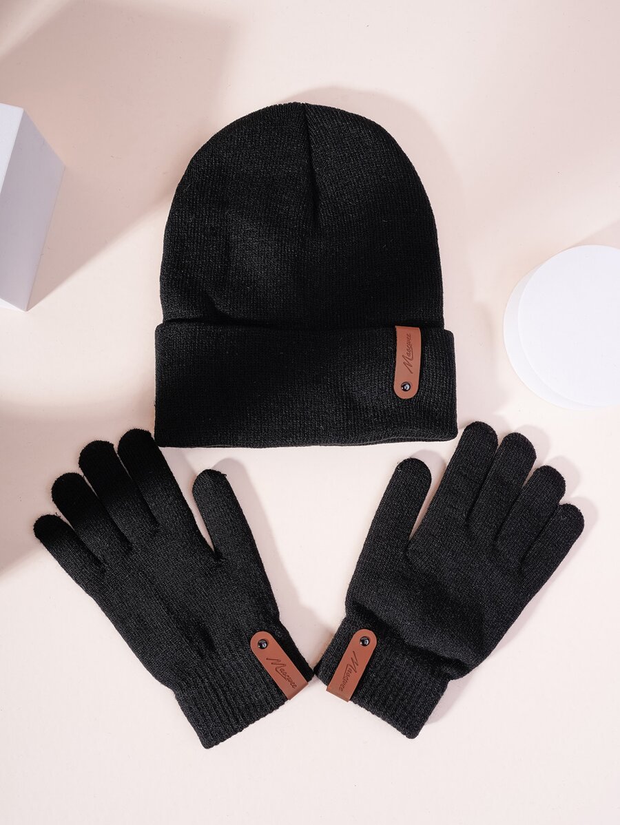 2pcs/Set Women Letter Label Beanie & Gloves Valentines Gift - Black - View 1