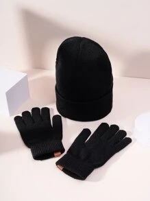 2pcs/Set Women Letter Label Beanie & Gloves Valentines Gift - Black - View 2