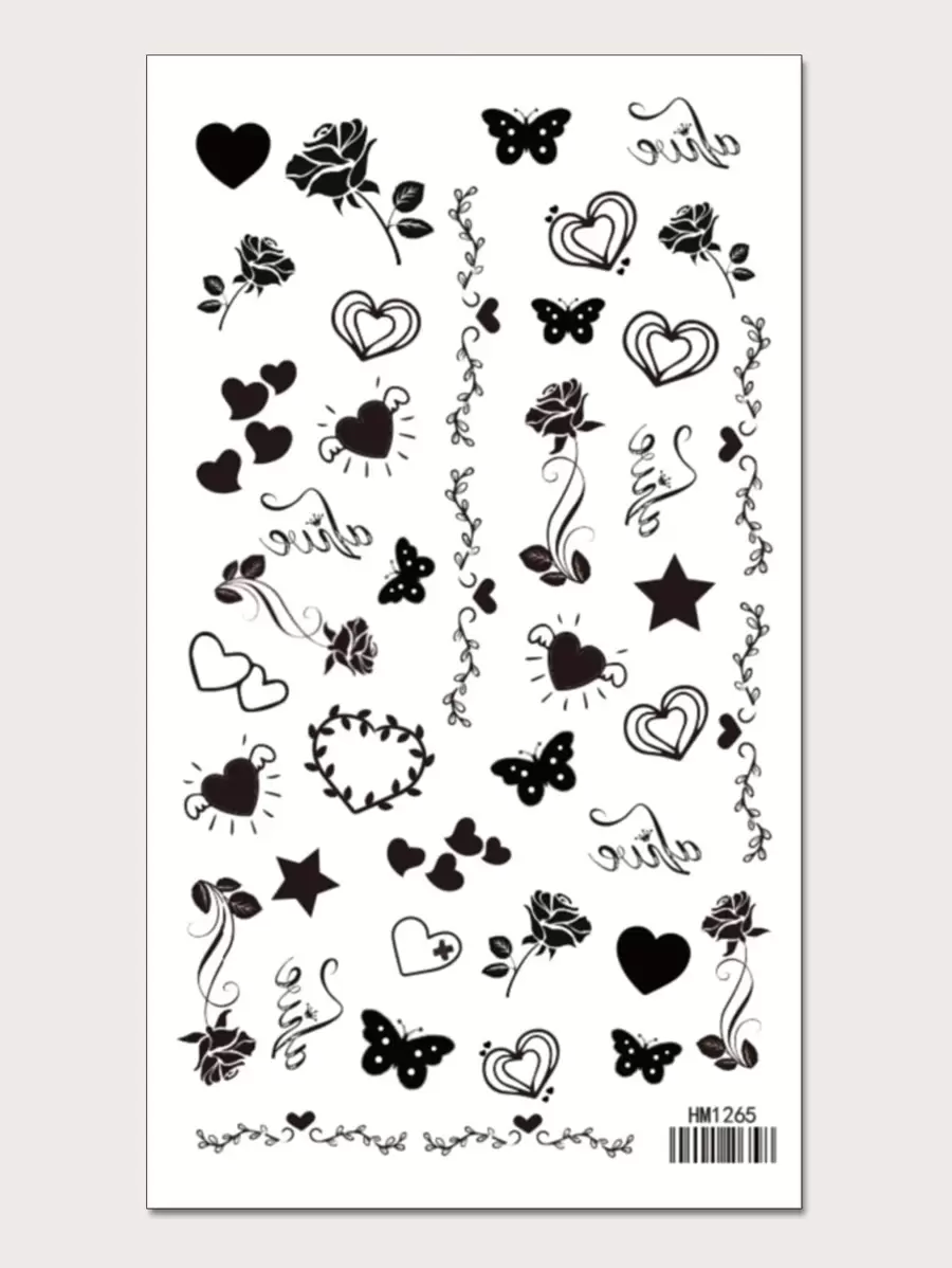 KING HORSE 1 张爱心与花朵图案纹身贴纸 - 黑色 - 查看 1