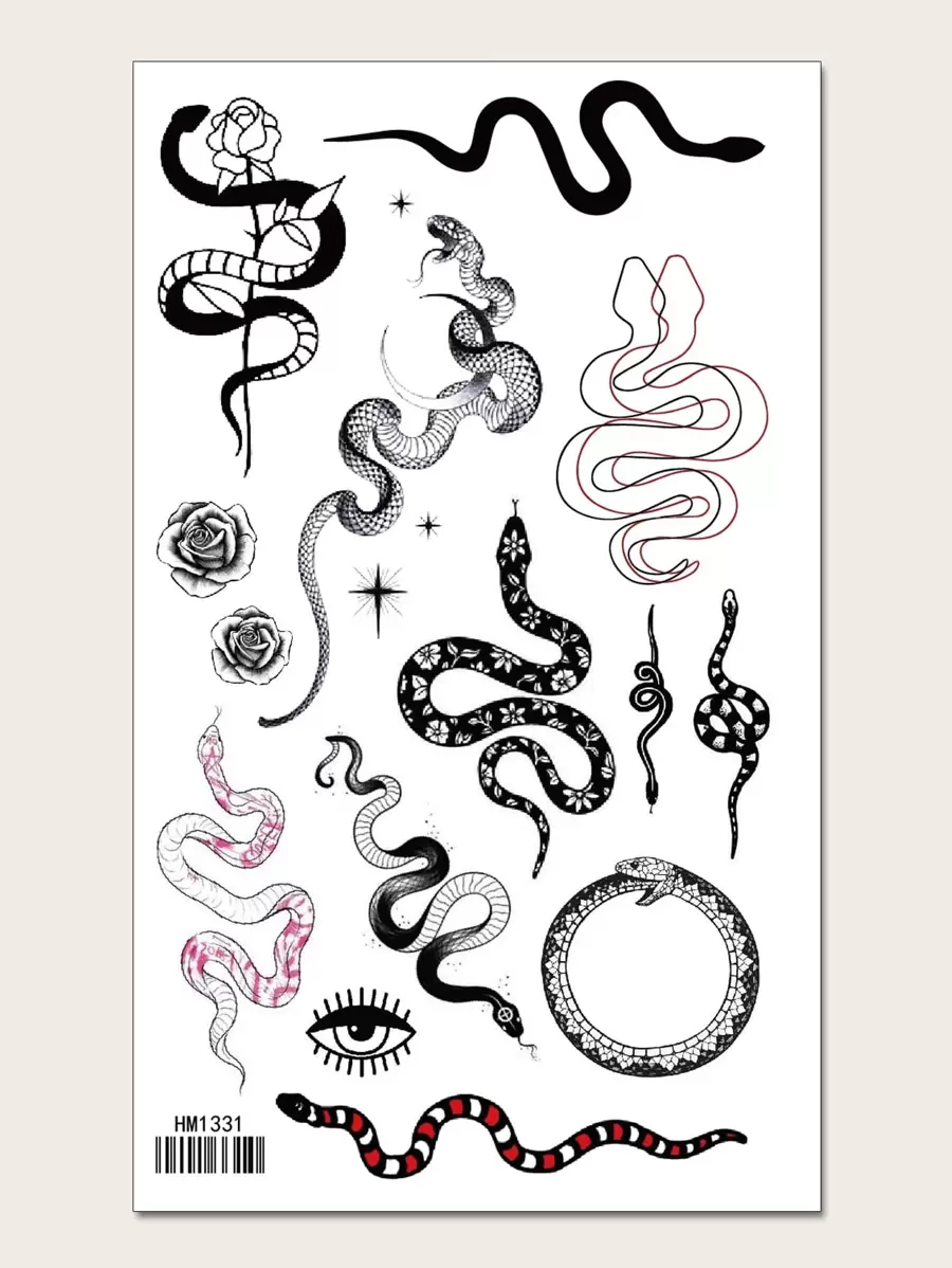 KING HORSE 蛇和花卉圖案紋身貼紙 - 彩色 - 查看 1