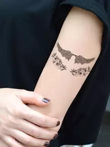 KING HORSE 花卉 & 翅膀图案纹身贴纸 - 黑色 - 查看 3