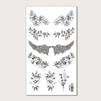 KING HORSE 花卉 & 翅膀图案纹身贴纸