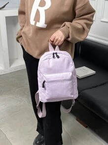 極簡風格燈芯絨前口袋經典背包 - 紫色 - 查看 2