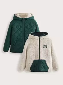 SHEIN 男孩1入組字母刺繡連帽絨毛內襯兩面可穿絎縫外套