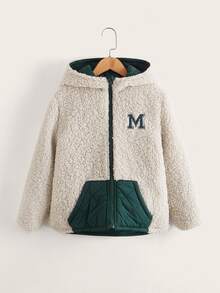 SHEIN 男孩1入組字母刺繡連帽絨毛內襯兩面可穿絎縫外套