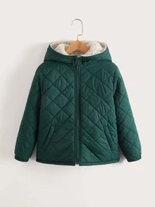 SHEIN 男孩1入組字母刺繡連帽絨毛內襯兩面可穿絎縫外套