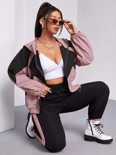 Flirla 빅 사이즈 컬러 블록 지퍼 카디건 후디 재킷 & 조거 팬츠