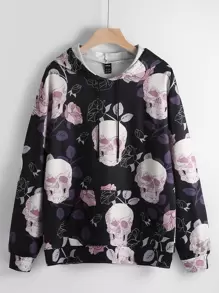 SHEIN LUNE Plus Floral & Skull Print Kangaroo Pocket Drawstring Hoodie - Multicolor - View 1