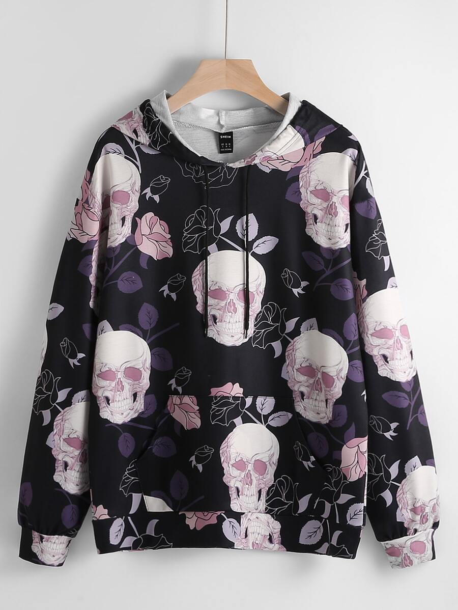 SHEIN LUNE Plus Floral & Skull Print Kangaroo Pocket Drawstring Hoodie - Multicolor - View 1