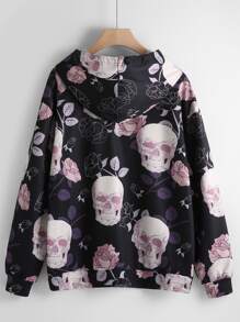 SHEIN LUNE Plus Floral & Skull Print Kangaroo Pocket Drawstring Hoodie - Multicolor - View 2