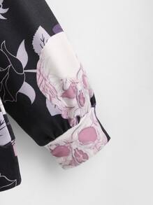 SHEIN LUNE Plus Floral & Skull Print Kangaroo Pocket Drawstring Hoodie - Multicolor - View 3