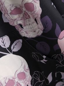 SHEIN LUNE Plus Floral & Skull Print Kangaroo Pocket Drawstring Hoodie - Multicolor - View 4