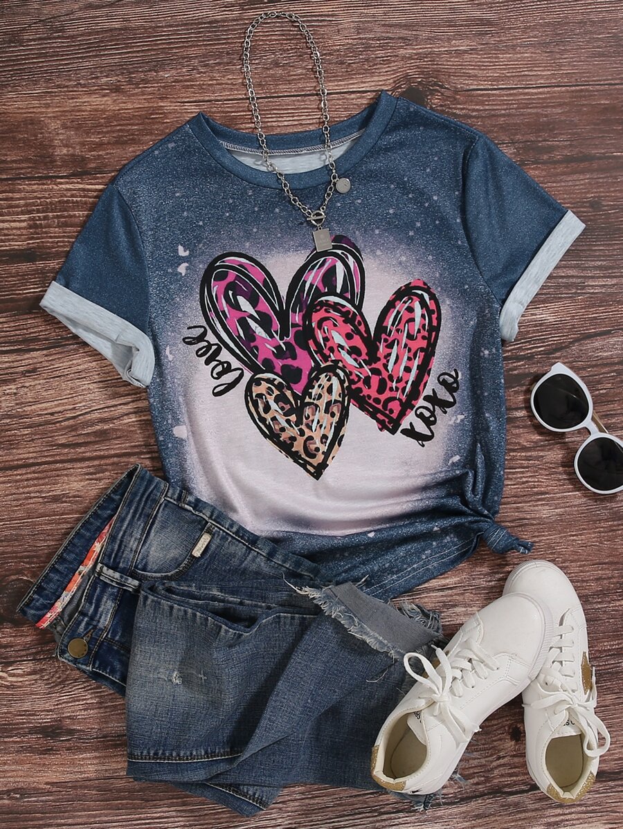 SHEIN LUNE Camiseta con estampado de corazón y letra - Multicolor - Ver 1