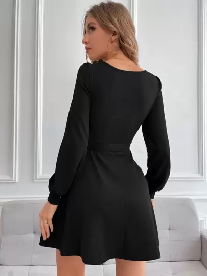 Plain belted dress with bishop sleeves