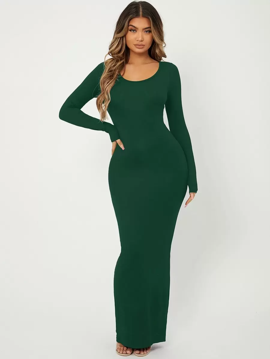 SHEIN SXY Solid Maxi Bodycon Dress - Dark Green - View 1