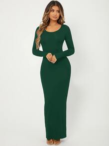 SHEIN SXY Solid Maxi Bodycon Dress - Dark Green - View 4