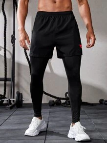Manfinity Fitness Men Cattle Print Contrast Tape 2 In 1 Sports Trousers - Black - View 4