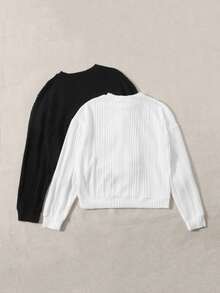 SHEIN EZwear 2pcs Ribbed Knit Pullover - Black and White - View 2