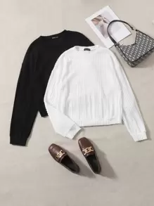 SHEIN EZwear 2pcs Ribbed Knit Pullover - Black and White - View 1