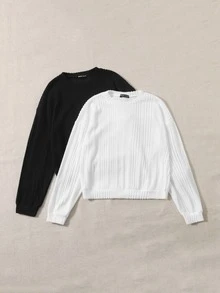 SHEIN EZwear 2pcs Ribbed Knit Pullover - Black and White - View 5