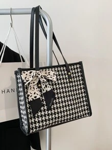 絲巾裝飾千鳥格圖案單肩托特包 - 黑與白 - 查看 1