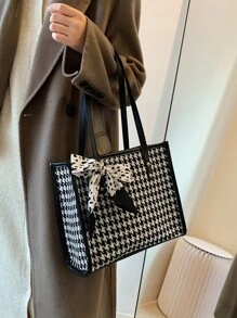 絲巾裝飾千鳥格圖案單肩托特包 - 黑與白 - 查看 2