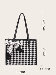 絲巾裝飾千鳥格圖案單肩托特包 - 黑與白 - 查看 3