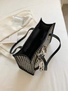 絲巾裝飾千鳥格圖案單肩托特包 - 黑與白 - 查看 4