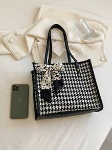 絲巾裝飾千鳥格圖案單肩托特包 - 黑與白 - 查看 5