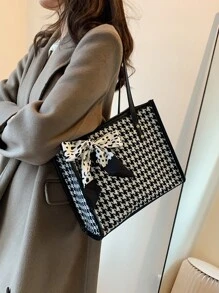 絲巾裝飾千鳥格圖案單肩托特包 - 黑與白 - 查看 6