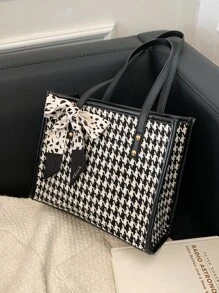 絲巾裝飾千鳥格圖案單肩托特包 - 黑與白 - 查看 8