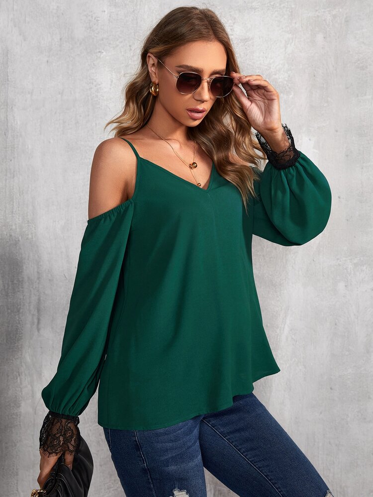 SHEIN Maternidad Blusa con encaje de pestaña puño de hombros descubiertos - Verde Oscuro - Ver 1