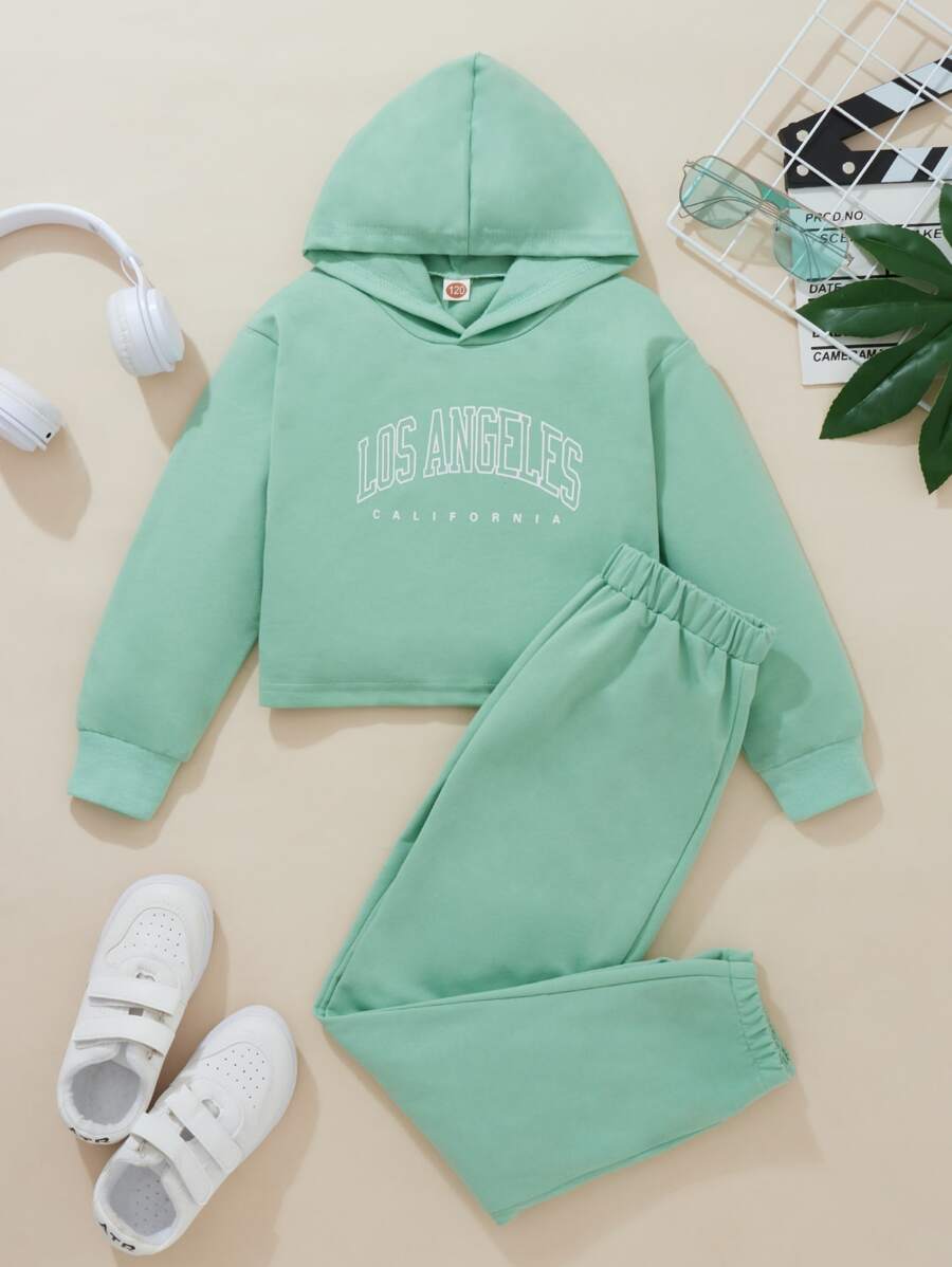 SHEIN 少女字母圖形掉肩連帽衫和運動長褲 - 薄荷綠 - 查看 1