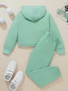 SHEIN 少女字母圖形掉肩連帽衫和運動長褲 - 薄荷綠 - 查看 2