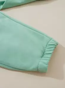 SHEIN 少女字母圖形掉肩連帽衫和運動長褲 - 薄荷綠 - 查看 3