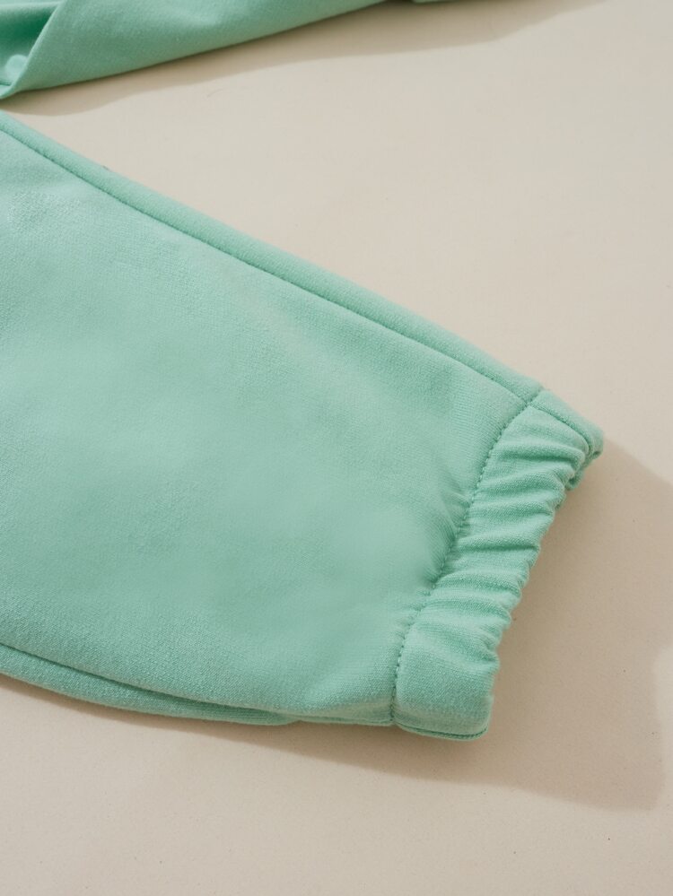 SHEIN 少女字母圖形掉肩連帽衫和運動長褲 - 薄荷綠 - 查看 3