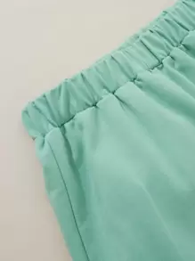 SHEIN 少女字母圖形掉肩連帽衫和運動長褲 - 薄荷綠 - 查看 5