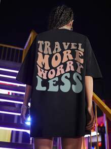 SHEIN Unity Camiseta amplia con estampado de slogan de hombros caídos - Negro - Ver 1