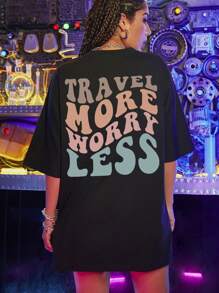 SHEIN Unity Camiseta amplia con estampado de slogan de hombros caídos - Negro - Ver 2