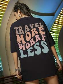 SHEIN Unity Camiseta amplia con estampado de slogan de hombros caídos - Negro - Ver 3